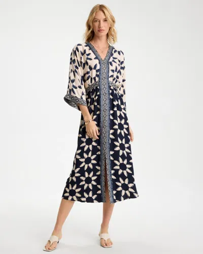 Chico's Faux Satin Contrast Floral Dress In Neutral In Blue