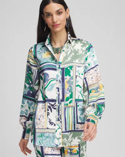 Chico's Faux Silk Patchwork Print Shirt In Ivy League Size 18 |