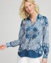Chico's Faux Silk Collared Shirt In Seaport Size 14 |  In Seaport