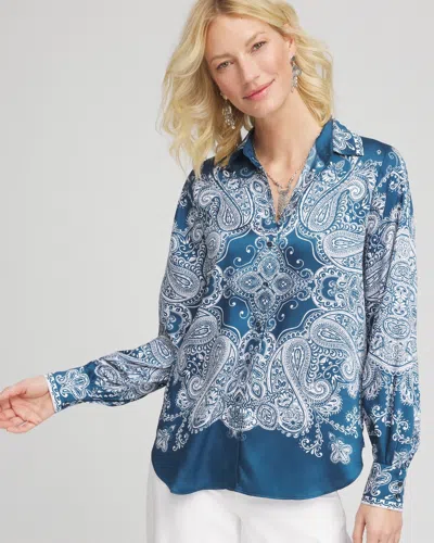 Chico's Faux Silk Collared Shirt In Seaport Size 14 |