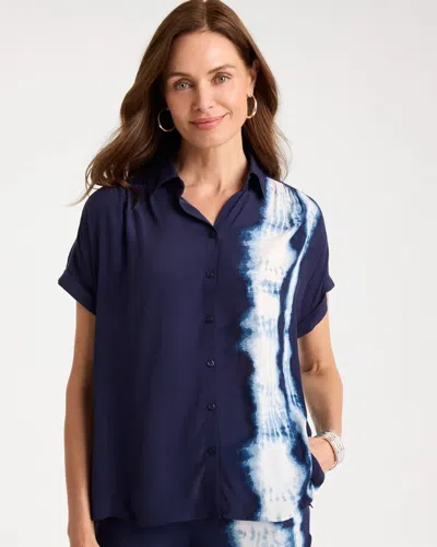 Chico's Faux Silk Henley Colorblock Top In Blue