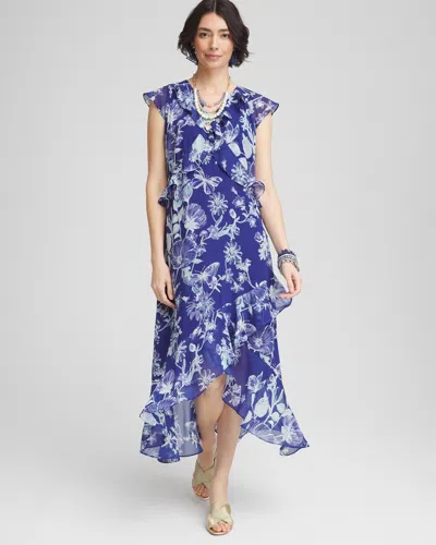 Chico's Fit And Flare Chiffon Ruffle Dress In Blue Size 12 |  In Blue Casa