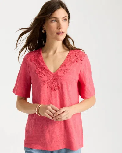 Chico's Flora Lace V-neck Tee In Calypso Coral In Red