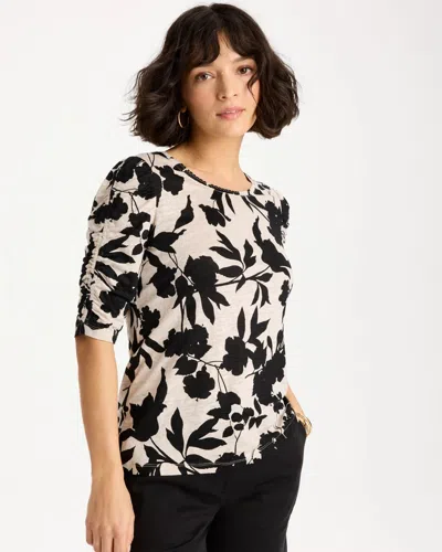 Chico's Flora Linen Ruched Sleeve Tee In Black