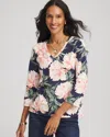 Chico's Floral 3/4 Sleeve Perfect Tee In Blue