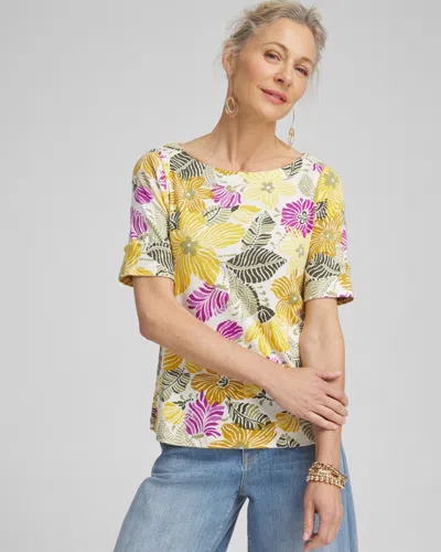Chico's Floral Bateau Neck Tee In Ocean Clou Size 0/2 |  In Yellow