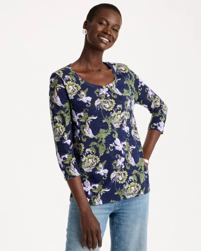 Chico's Floral Cotton 3/4 Sleeve Tee In Blue In Passport Blue