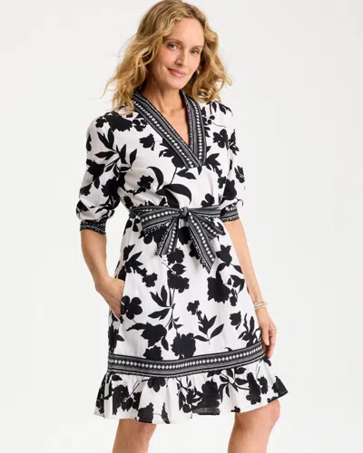 Chico's Floral Cotton-linen Belted Dress In Black