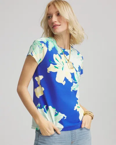 Chico's Floral Crewneck Perfect Tee In Blue
