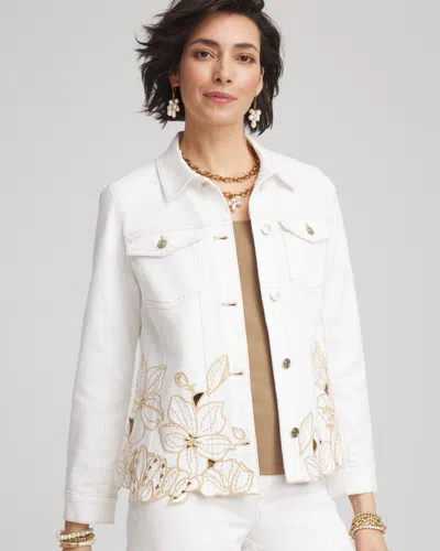 Chico's Floral Cutout Denim Jacket In White Size Xxl |  In Alabaster