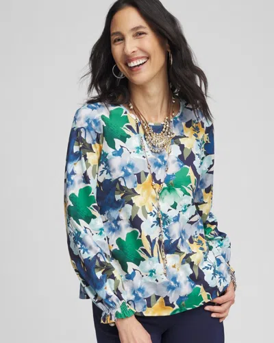 Chico's Floral Ruffle Trim Top In Blue Size 20/22 |  In Passport Blue