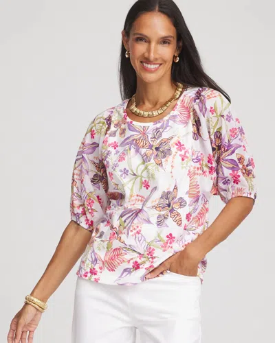 Chico's Floral Dolman Sleeve Knit Top In White