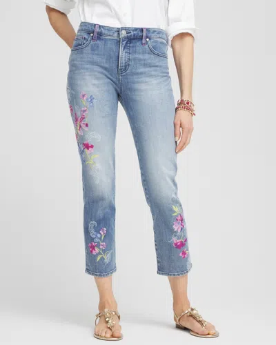Chico's Girlfriend Floral Embroidered Cropped Jeans In Canterbury Indigo Size 4 |