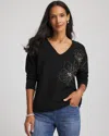 Chico's Floral Embellished Dolman V-neck Pullover In Black In Black