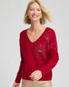 Chico's Floral Embellished Dolman V-neck Pullover In Carmine Red In Red
