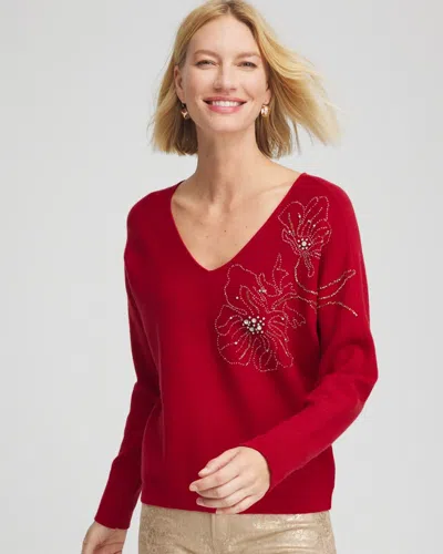 Chico's Floral Embellished Dolman V-neck Pullover In Carmine Red