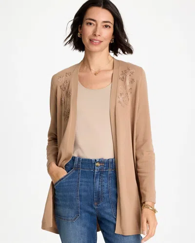 Chico's Floral Embroidered Cardigan Sweater In Cattail Brown
