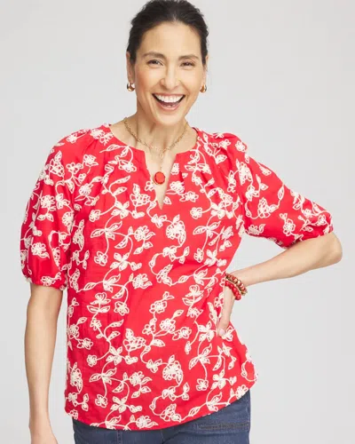 Chico's Floral Embroidered Cotton Peasant Blouse In Red