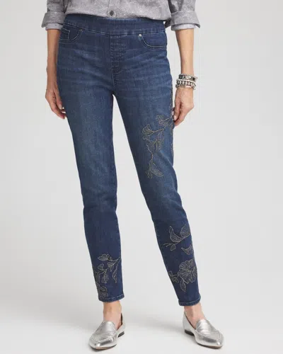 Chico's Floral Embroidered Pull-on Ankle Jeggings In Altair Indigo Size 12 |