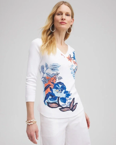 Chico's Floral Everyday 3/4 Sleeve Tee In White Size 20/22 |