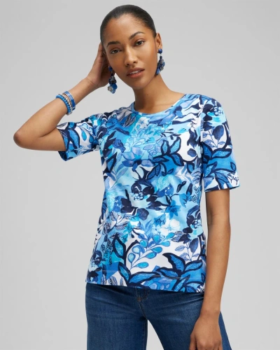 Chico's Floral Everyday Elbow Sleeve Tee In Intense Azure Size 4/6 |