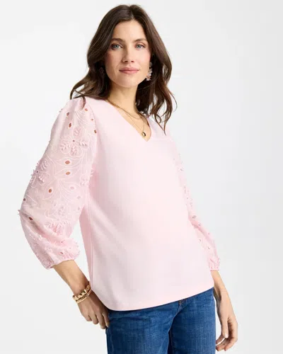 Chico's Floral Eyelet Sleeve Tee In Sweet Blossom In Pink