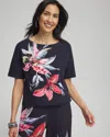 CHICO'S FLORAL GATHERED HEM TEE IN NAVY BLUE SIZE XS | CHICO'S