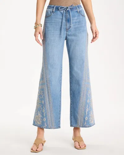 Chico's Floral Geo Wide-leg Drawstring Jeans In Blue