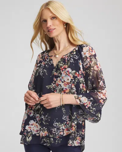 Chico's Floral Georgette Blouse In Blue