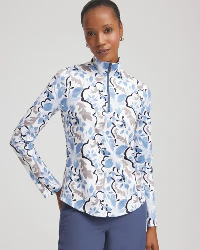 Chico's Floral Half-zip Mockneck Top In Delphinium Blue