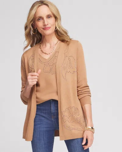 Chico's Floral Heatset Cardigan Sweater In Faux Camel Heather Size 8/10 |
