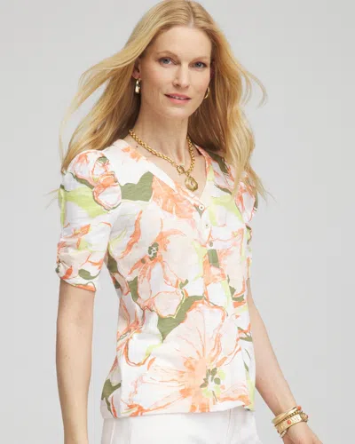 Chico's Floral Henley Shirred-sleeve Tee In Yellow Size 16/18 |  In Bright Yellow