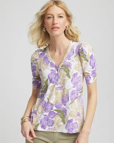 Chico's Floral Henley Tee In White