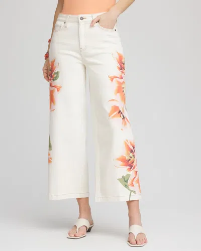 Chico's Floral High-rise Wide-leg Cropped Jeans In White In Gray