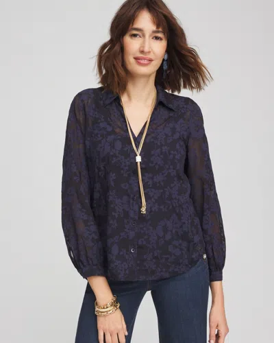Chico's Floral Jacquard Blouse In Blue Size 14 |  In Classic Navy