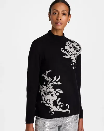 Chico's Floral Jacquard Shimmer Mockneck Sweater In Black