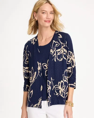 Chico's Floral Linen Open Front Cardigan Sweater In Blue