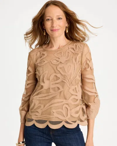 Chico's Floral-motif Mesh 3/4 Sleeve Top In Cattail Brown In Animal Print