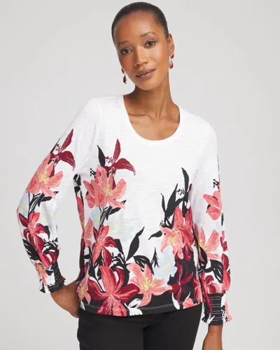 Chico's Floral-motif Smocked Cotton-slub Tee In White
