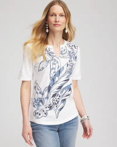Chico's Floral Notch Neck T-shirt In White Size Xl |