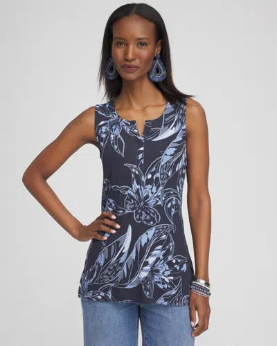 Chico's Floral Notch Neck Tank Top In Navy Blue Size Xs |