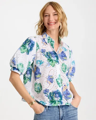Chico's Floral Paisley Eyelet Blouse In Blue In White