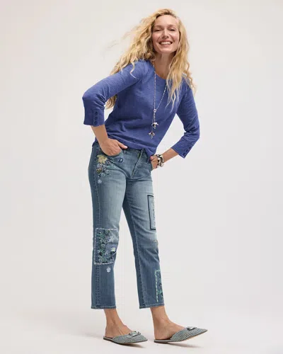 Chico's Floral Patchwork Girlfriend Crop Jeans In Aquamarine Indigo