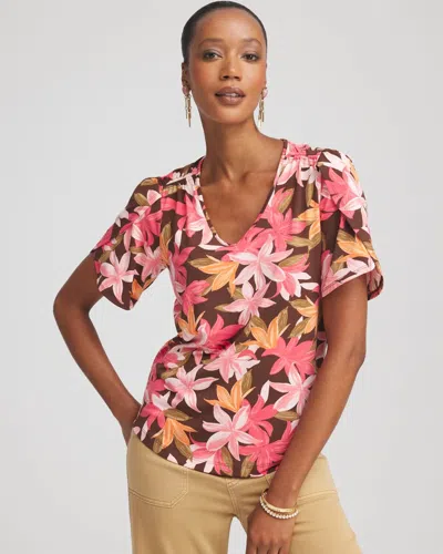 Chico's Floral Petal-sleeve Voop Neck Tee In Cacao In Brown