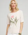 Chico's Floral Pima Cotton Bateau-neck Tee In White Size 20/22 |  In Oyster Shell