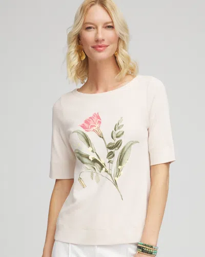 Chico's Floral Pima Cotton Bateau-neck Tee In White Size 20/22 |  In Oyster Shell