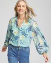 Chico's Floral Billow Sleeve Blouse In Aquatic Teal Size 12/14 |  In Aquatic Teal