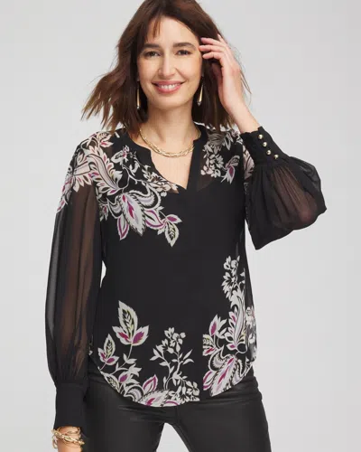 Chico's Floral Pintuck Sleeve Blouse In Black Size 12/14 |