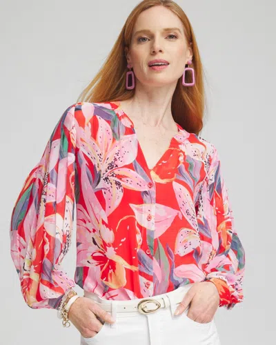 Chico's Floral Pleated Sleeve Blouse In Red Size 8 |  In Watermelon Punch