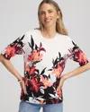 Chico's Floral Print Crewneck Sweater In White In Sand